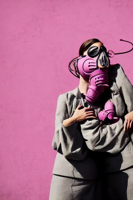 Image similar to a surreal portrait of intertwined and contorted figures wearing gas mask next to a pink wall in the style of brooke didonato, editorial fashion photography from vogue magazine, full shot, nikon d 8 1 0, ƒ / 2. 5, focal length : 8 5. 0 mm, exposure time : 1 / 8 0 0, iso : 2 0 0