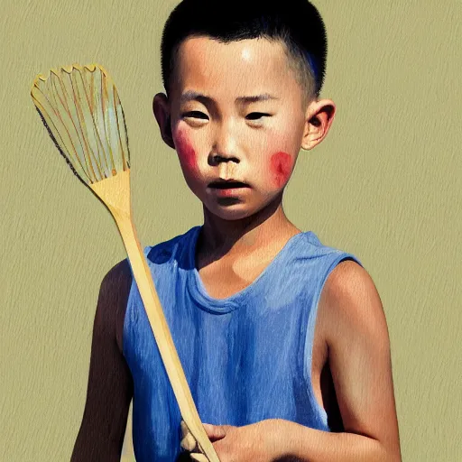 Prompt: dramatic portrait of chinese boy buzz cut, holding a spatula, digital painting