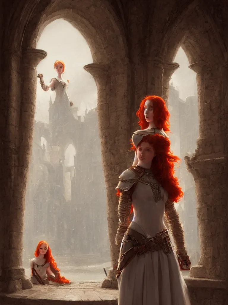 Prompt: daily life portrait of a young redhead maiden inside a castle, symmetrical, highly detailed, digital painting, artstation, art by artgerm and greg rutkowski, concept art, smooth, cinematic lighting, 8 k resolution