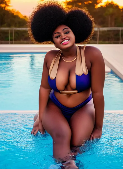 Image similar to a plump afro girl on the edge of the pool in a galographic swimsuit, a swimsuit with a lock on the chest, afro pigtails hairstyle, sunset mood, vogue style,, golden ratio, perfect composition, medium close - up ( mcu ), cannon ef 6 5 mm f / 2. 8 8 k