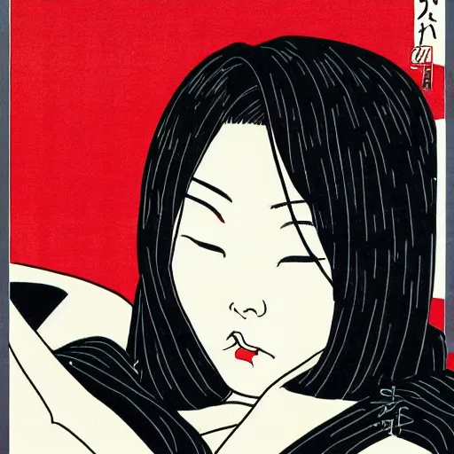 Image similar to Portrait of a beautiful Japanese woman by Toshio Saeki, high detailed