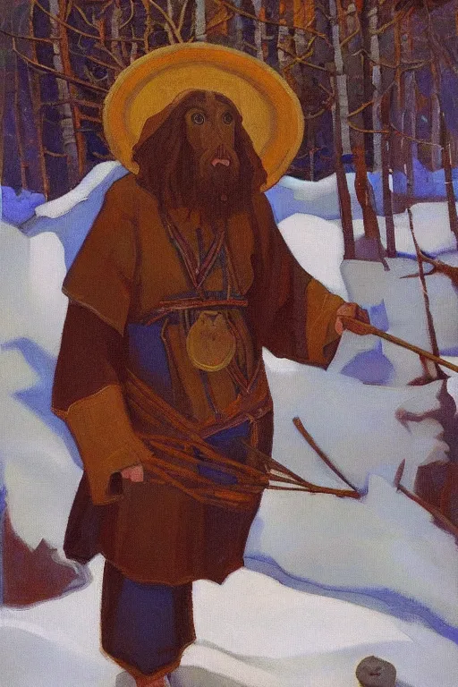 Prompt: slavic dog head man, woolen torso in medieval clothes, painting by nicholas roerich, walking in the forest, orthodox saint christopher, oil painting, painting by viktor vasnetsov, concept art, hyperrealism, beautiful, high resolution, trending on artstation,