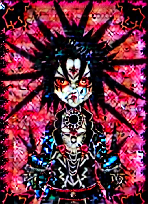 Prompt: baroque bedazzled gothic royalty frames surrounding a pixelsort emo demonic horrorcore japanese yokai doll, low quality sharpened graphics, remastered chromatic aberration spiked korean bloodmoon sigil stars draincore, gothic demon hellfire hexed witchcore aesthetic, dark vhs gothic hearts, neon glyphs spiked with red maroon glitter breakcore art by guro manga artist shintaro kago