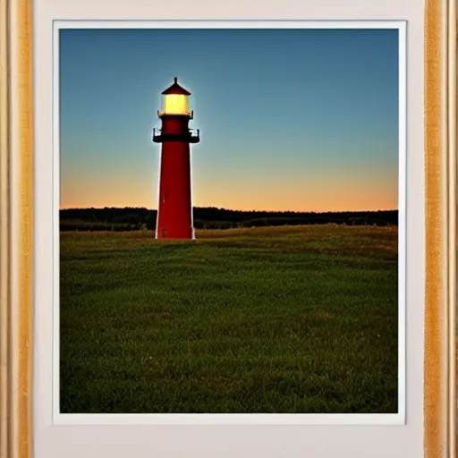 Prompt: lighthouse at dusk in a new england field