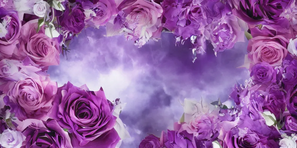 Image similar to magic invisible blade slicing through a bouquet of purple white and pink roses, flowers exploding and spraying, big puffy clouds, sharp cuts, large rose petals, lotus petals, large polygonal background elements, large polygons, dramatic anime, dramatic lighting, artgerm, manga, trending on artstation, art nouveau, mature colors