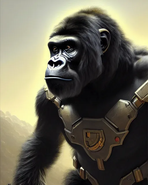 Image similar to winston the gorilla with a armor helmet on from overwatch, character portrait, portrait, close up, concept art, intricate details, highly detailed by greg rutkowski, michael whelan and gustave dore