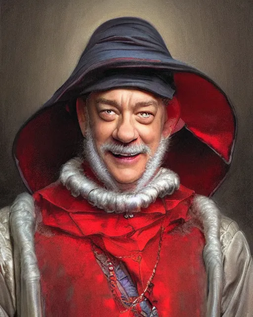 Image similar to closeup portrait of whimsical conniving tom hanks wearing a red hat, court jester in renaissance era,, masterpiece, by donato giancola and greg rutkowski and wayne barlow and zdzisław beksinski, high contrast, realistic face