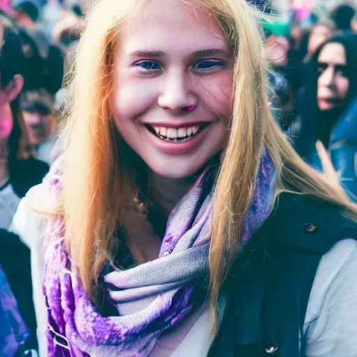 Prompt: ultra high resolution close - up of a very beautiful young woman with blond long hair, making up, standing in crowd of music festival, looking down at the camera. her face is partially obscured by a purple scarf, and she has a lovely smiling expression. the light is dim, and the colours are muted. kodak etkar 1 0 0.