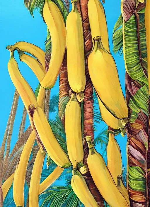 Prompt: bananas look like baguettes on a palm tree, intricately detailed acrylic painting