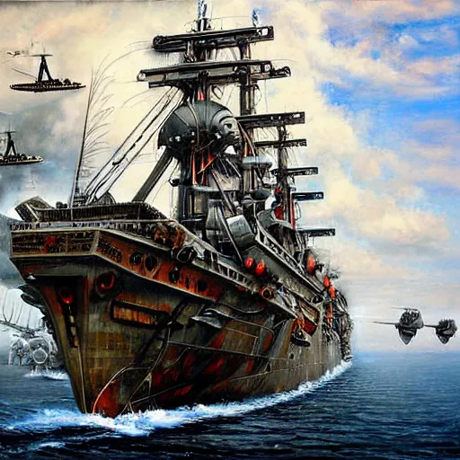 Image similar to giant warship and planes, diesel punk, realistic and detailed painting, by paul roman martinez