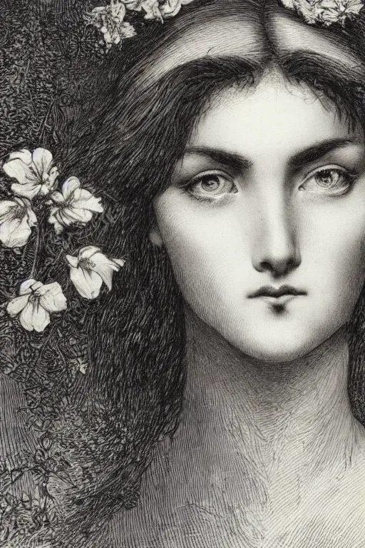 Image similar to extreme close-up portrait of a beautiful french woman with broad cheekbones with flower in the head, forest background, Gustave Dore lithography