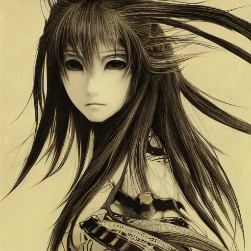 Image similar to Yoshitaka Amano realistic illustration of yuuki asuna ,hair fluttering in the wind, cracks on her face wearing Elden ring armour with engraving, abstract black and white patterns on the background, noisy film grain effect, highly detailed, Renaissance oil painting, weird portrait angle, blurred lost edges, three quarter view