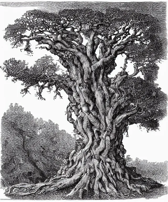 Image similar to ancient gnarled oak, tree of life on top of an open book, art by james o barr and albrecht durer and gustave dore, woodblock print, engraved, black and white, vector, vector art