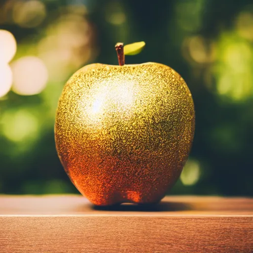 Image similar to high quality presentation photo of a golden apple, photography 4k, f1.8 anamorphic, bokeh, 4k, Canon, Nikon