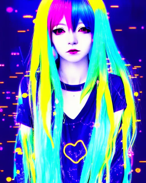 Image similar to neo tokyo japanese anime kawaii decora hologram of rimuru tempest, sky blue hair, golden yellow eyes, wearing black stylish clothing, holography, irridescent, baroque visual kei glitch art