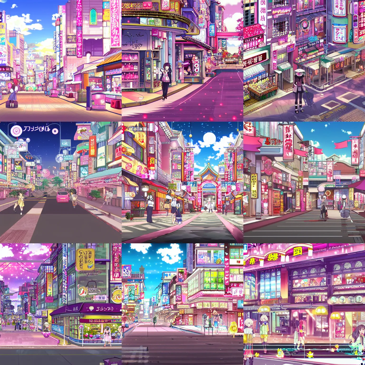 Prompt: a stunning background of an Osaka shopping district in Magical Girl Adventures 2 Visual Novel, masterpiece, hyper-detailed