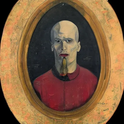 Prompt: portrait of alexander abdulov, with a red eyes, satanic body, head of old man, hands with blood of sinners