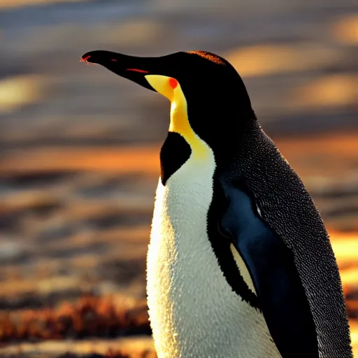 Prompt: penguin staring off into the sunset