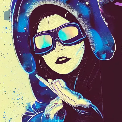 Prompt: highly detailed portrait of an electric woman wearing a snow coat and hologram visor, symmetrical, by atey ghailan, by greg rutkowski, by greg tocchini, by james gilleard, by joe fenton, by kaethe butcher, gradient blue, black, brown and cyan color scheme, grunge aesthetic!!! ( ( graffiti tag wall background ) )