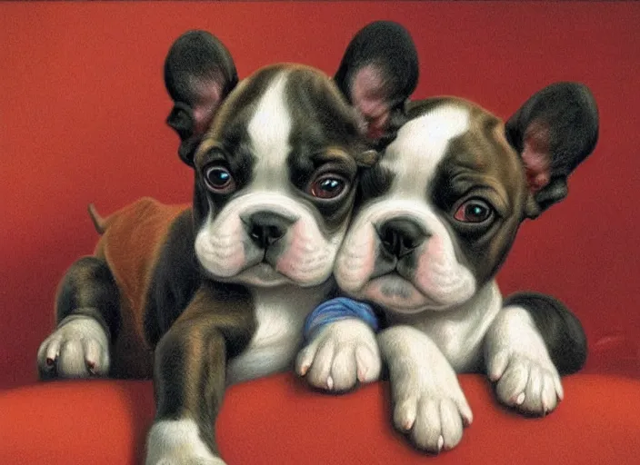 Prompt: baroque rococo painting The Royal Boston Terrior portrait Greg Hildebrandt high detail pastel cute puppy