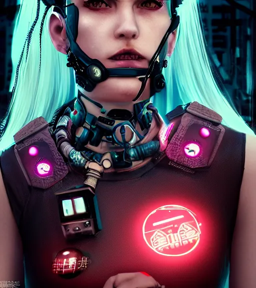 Image similar to detailed realistic cyberpunk female character cyberpunk wearing steel collar around neck, realistic, art, beautiful, 4K, collar, choker, collar around neck, punk, artstation, detailed, female, woman, choker, cyberpunk, neon, punk, collar, choker, collar around neck, thick collar, choker around neck, wearing choker, wearing collar, bright neon punk hair,