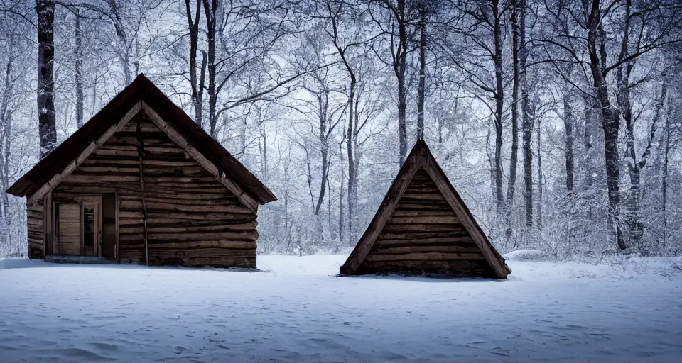 Image similar to a wooden hut at a clearing in the woods, snowy, light inside the hut, realistic, epic composition, 4 k