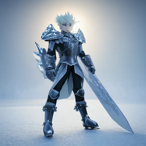 Image similar to full shot of knight wearing ice Armor, inspired by Saint Seiya , frozen background, high détails, octane render, volumetric lighting