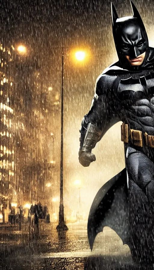 Prompt: ''batman in the rain, cinematic shot, beautiful night, photorealistic, concept art, high quality, 8 k''