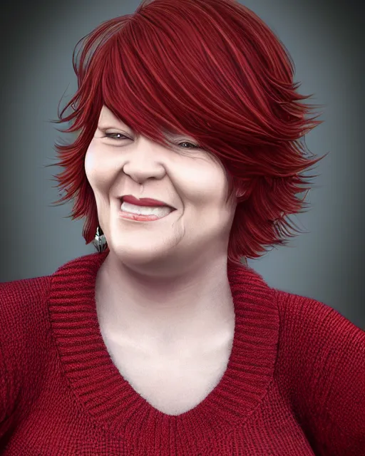 Image similar to portrait of happy short and plump 5 0 - year - old woman with red hair and, kind face, short hair, wearing in sweater, hyper realistic face, beautiful eyes, character art, art by mark brooks, hyperdetailed, cryengine, trending on artstation, digital art