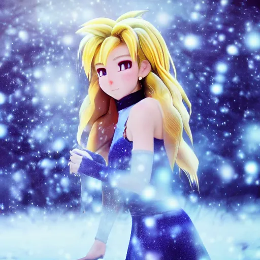 Prompt: portrait focus of super saiyan beautiful 3 d anime girl posing, frozen ice, dark forest background, snowing, bokeh, inspired by masami kurumada, octane render