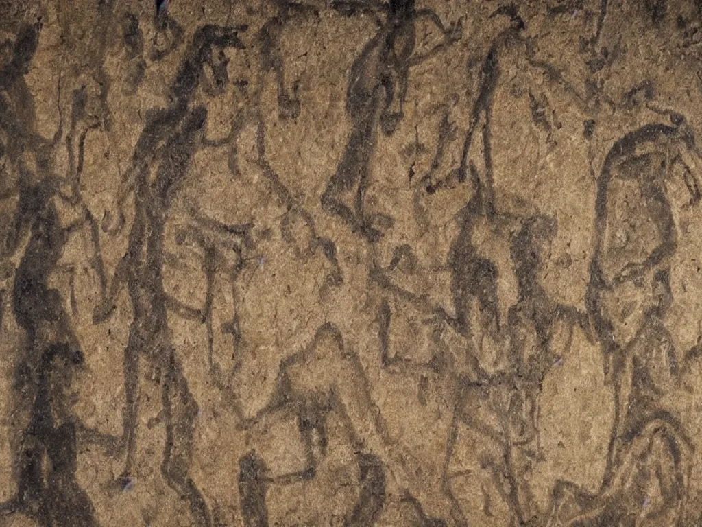 Image similar to Plato's cave myth as a cave painting, shadows on cave walls