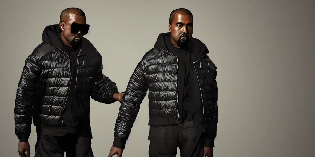 Image similar to kanye west wearing a full black face covering made from a cloth or fabric material, a small, tight and undersized reflective bright blue round puffer jacket made of nylon, reflective jeans pants made of nylon and big black balenciaga rubber boots in 3 d, blender, octane render, 3 d render, realistic, unreal engine, studio light, 4 k, 8 k