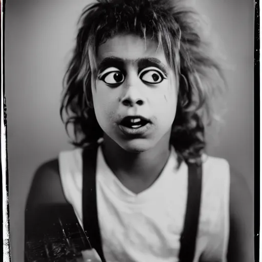 Image similar to a black and white wetplate photograph yearbook portrait of beetlejuice as a teenager