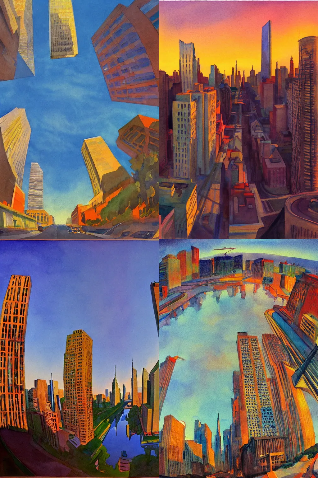 Prompt: grand river watercolor andrew henderson, watercolor strokes, mid century futurism, surrealist exaggerated city skyscrapers at sunset by Pablo Picasso and Edward Hopper, 1942, fisheye lens