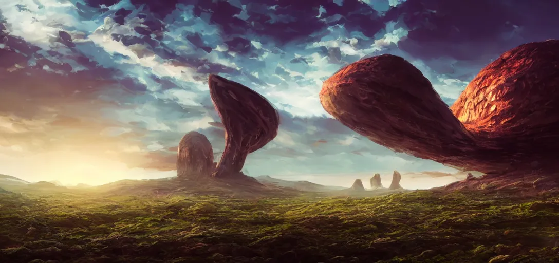 Image similar to an alien civilization, landscape environment with cyan dramatic sky, warm cool color scheme, cinematic quality, no blur, sharp focus, highly detailed,