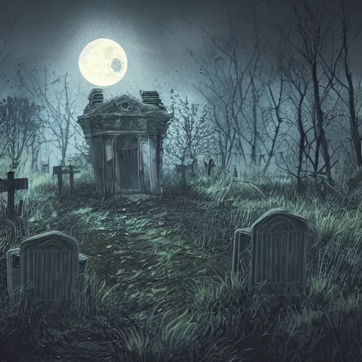 Image similar to an overgrown decrepit cemetery in the dark of night, moonlit, creepy, scary, ambient lighting, concept art