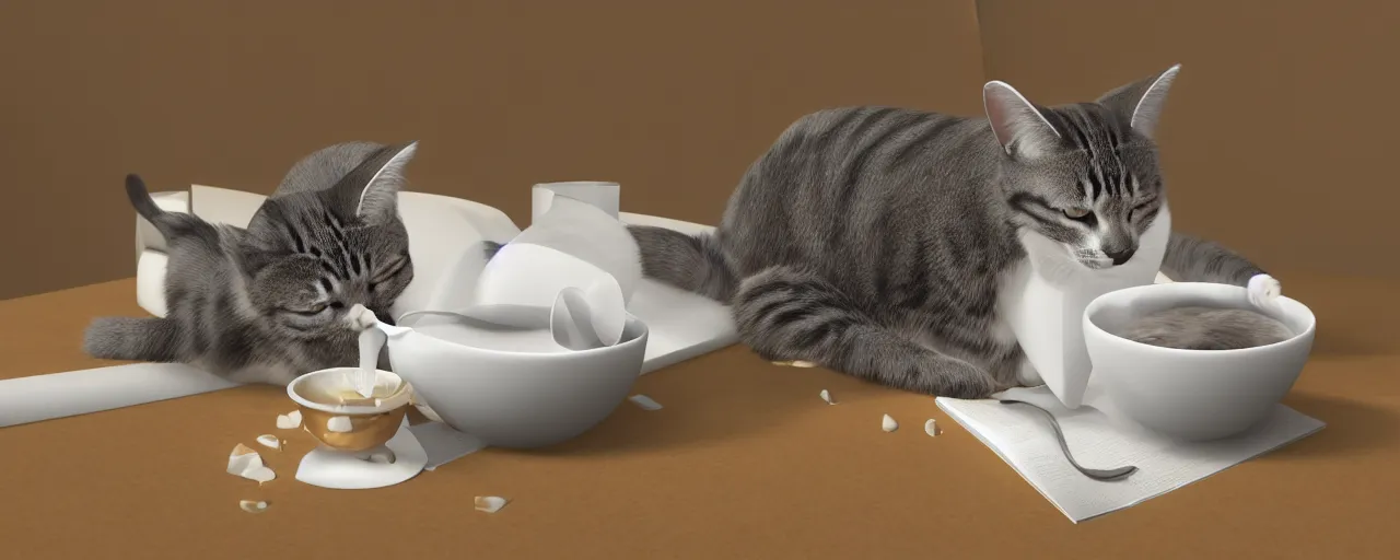 Prompt: a cat is drinking milk in a bowl, there is a book next to the cat, octane render,-H 704