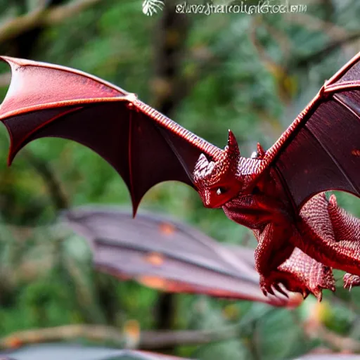 Image similar to a beautiful dark red dragon with shiny copper scales and bat like wings.