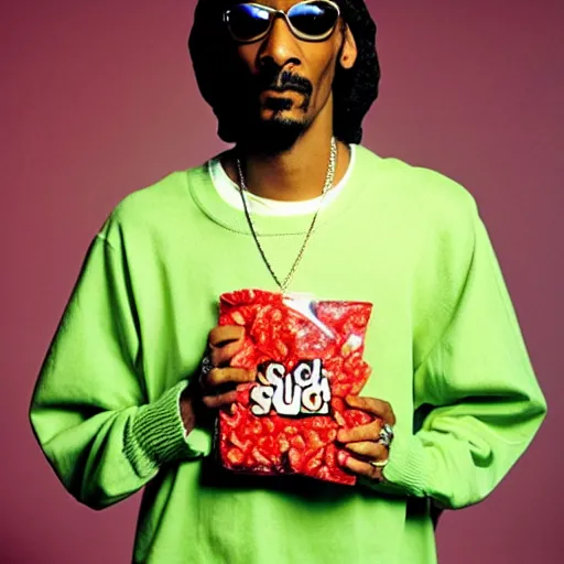 Prompt: Snoop Dogg holding a bag of sour patch kids for a 1990s sitcom tv show, Studio Photograph, portrait, C 12.0