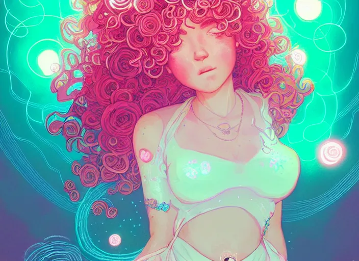 Prompt: harmony of cute woman with curly pink hair, she has a rose quartz on her belly button, she wears a white dress, neon stars, glowing line - art, by wlop, james jean, victo ngai! muted colors, highly detailed, fantasy art by craig mullins, thomas kinkade cfg _ scale 8