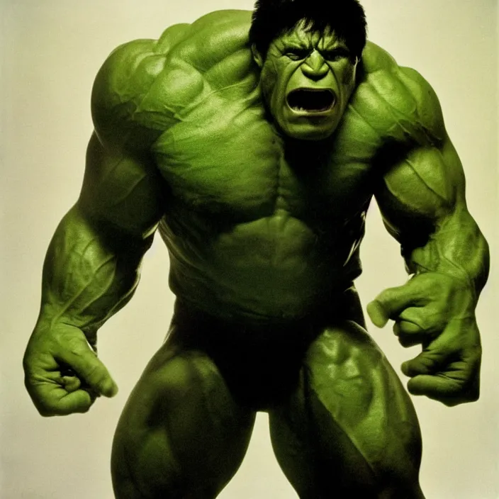 Image similar to a color photo portrait of the incredible hulk looking angry in new york city by richard avedon dramatic lighting.