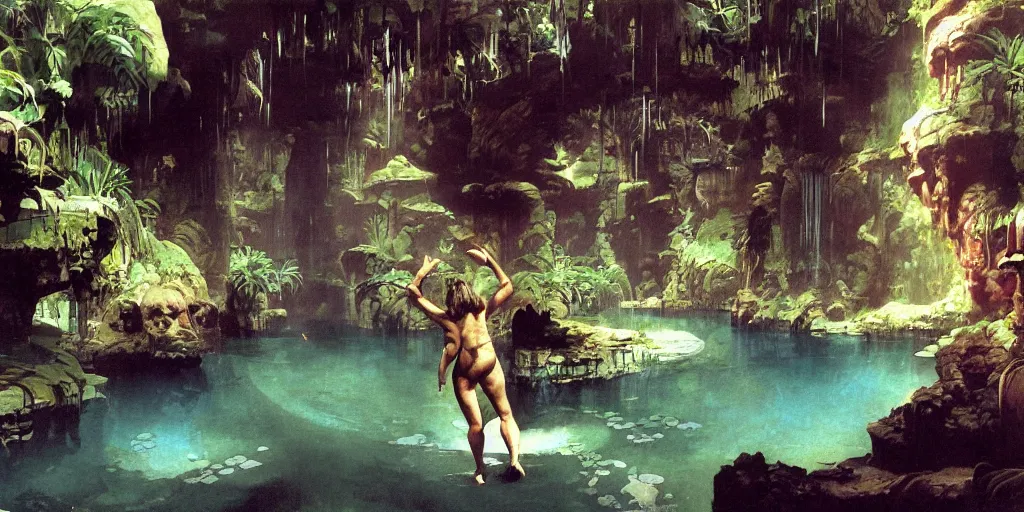 Image similar to a tropical cave that renovate as a luxury interior as several beautiful women bathe in the waters surrounding a muscled adventurer by syd mead, frank frazetta, ken kelly, simon bisley, richard corben, william - adolphe bouguereau, detailed concept art