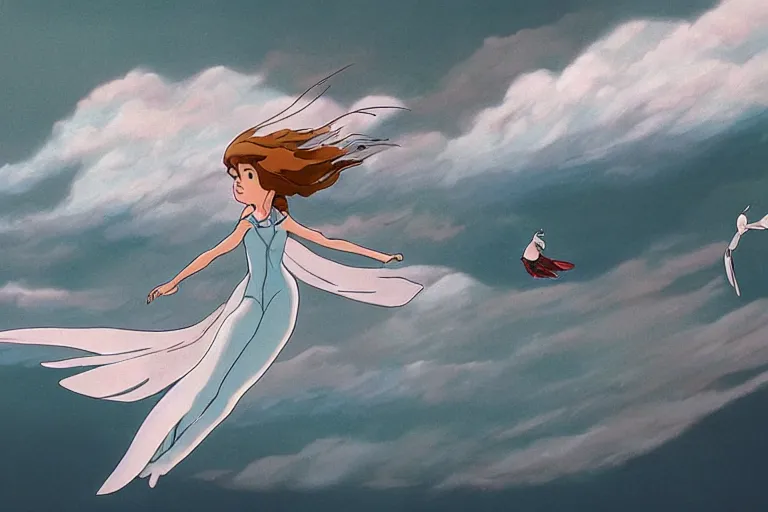 Image similar to A cell animation of girl flying with a bird-shaped white glider over the clowds, Nausicaa of the Valley of the Wind, Miyazaki Hayao, ghibli style, illustration, anime, trending on artstaion