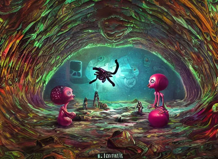 Image similar to aliens hybrids, in a beautiful crystal cave, lowbrow, amazing colorful background, digital art, concept art, beautiful composition, in the style of mark ryden, 3 - d 4 k,