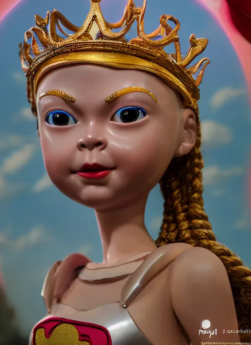 Image similar to closeup face profile portrait of a tin toy greta thunberg as supergirl as a fairytale princess wearing a crown, bikini, depth of field, zeiss lens, detailed, fashion photoshoot, by nicoletta ceccoli, mark ryden, lostfish, breathtaking, 8 k resolution, extremely detailed, beautiful, establishing shot, artistic, hyperrealistic, octane render