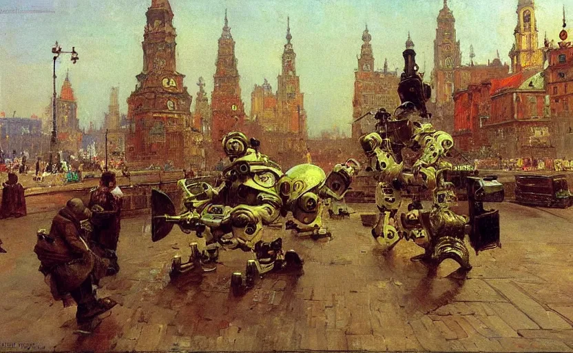 Prompt: high quality high detail painting by ilya repin, robots taking over the city, hd