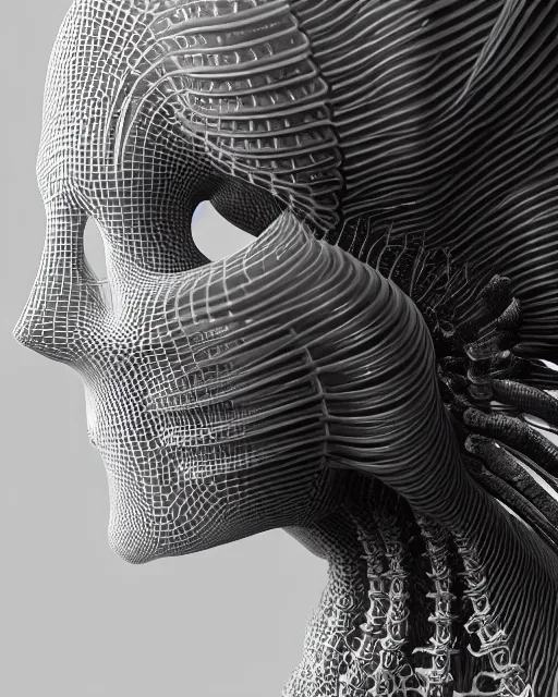 Prompt: mythical dreamy black and white organic bio - mechanical spinal ribbed profile face portrait detail of translucent beautiful intricate monochrome angelic - human - queen - vegetal - cyborg, highly detailed, intricate translucent jellyfish ornate, poetic, translucent microchip ornate, 3 d render, digital art, octane render, 8 k artistic lithography