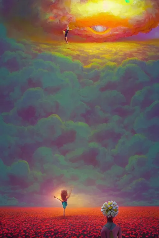 Image similar to giant daisy flower as head, girl ballet dancing in a flower field, surreal photography, sunrise, dramatic light, impressionist painting, colorful clouds, digital painting, artstation, simon stalenhag