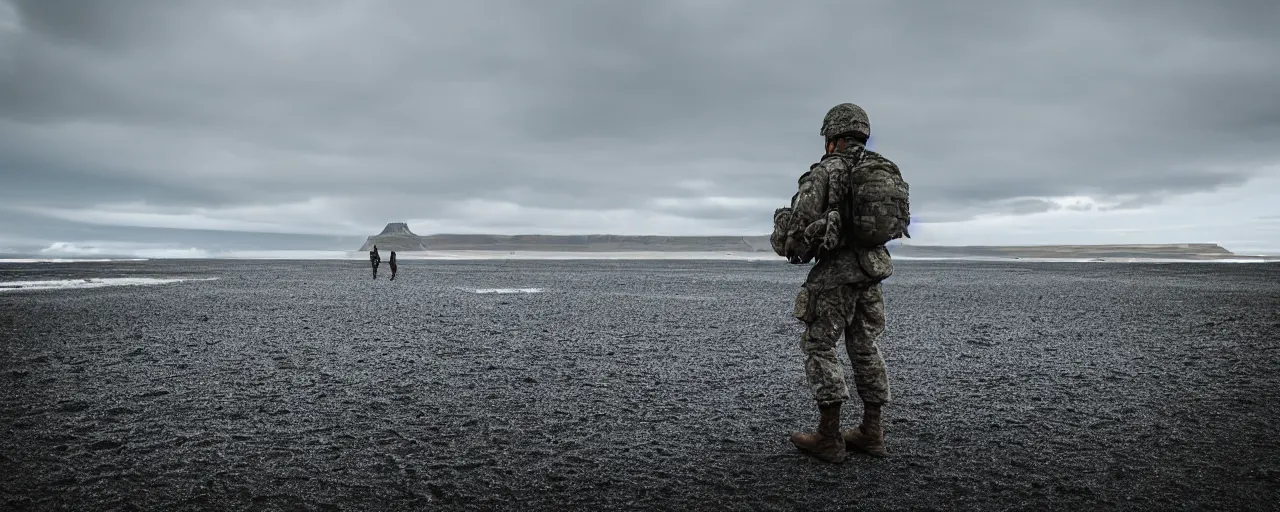 Prompt: low angle cinematic shot of lone futuristic soldier in the middle of an endless black sand beach in iceland, iceberg, 2 8 mm