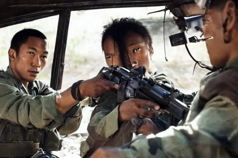 Prompt: movie diverse interracial team of Japanese robbers armed with rifles interior clean military van, beautiful skin, Symmetrical faces. natural lighting by Emmanuel Lubezki